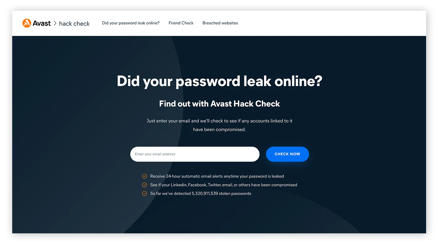 Avast Hack Check是检查你的个人数据是否被曝光的免费工具。